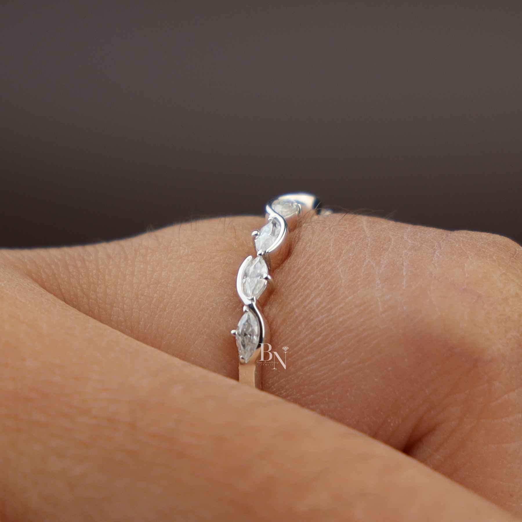 Marquise Lab Diamond Wave Band, Dainty Scalloped Wedding Ring, Curved Stacking Band