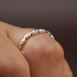 Marquise Lab Diamond Wave Band, Dainty Scalloped Wedding Ring, Curved Stacking Band