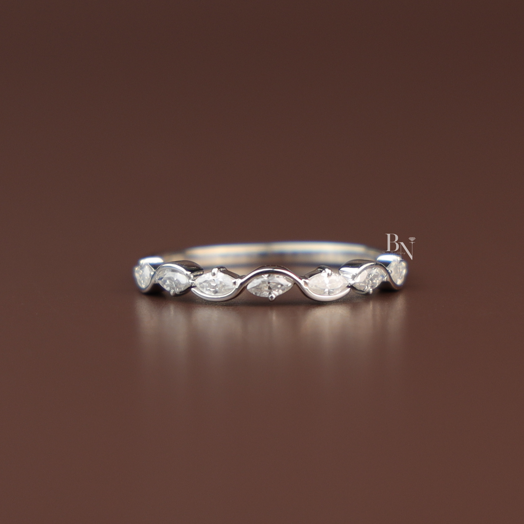 Marquise Lab Diamond Wave Band, Dainty Scalloped Wedding Ring, Curved Stacking Band