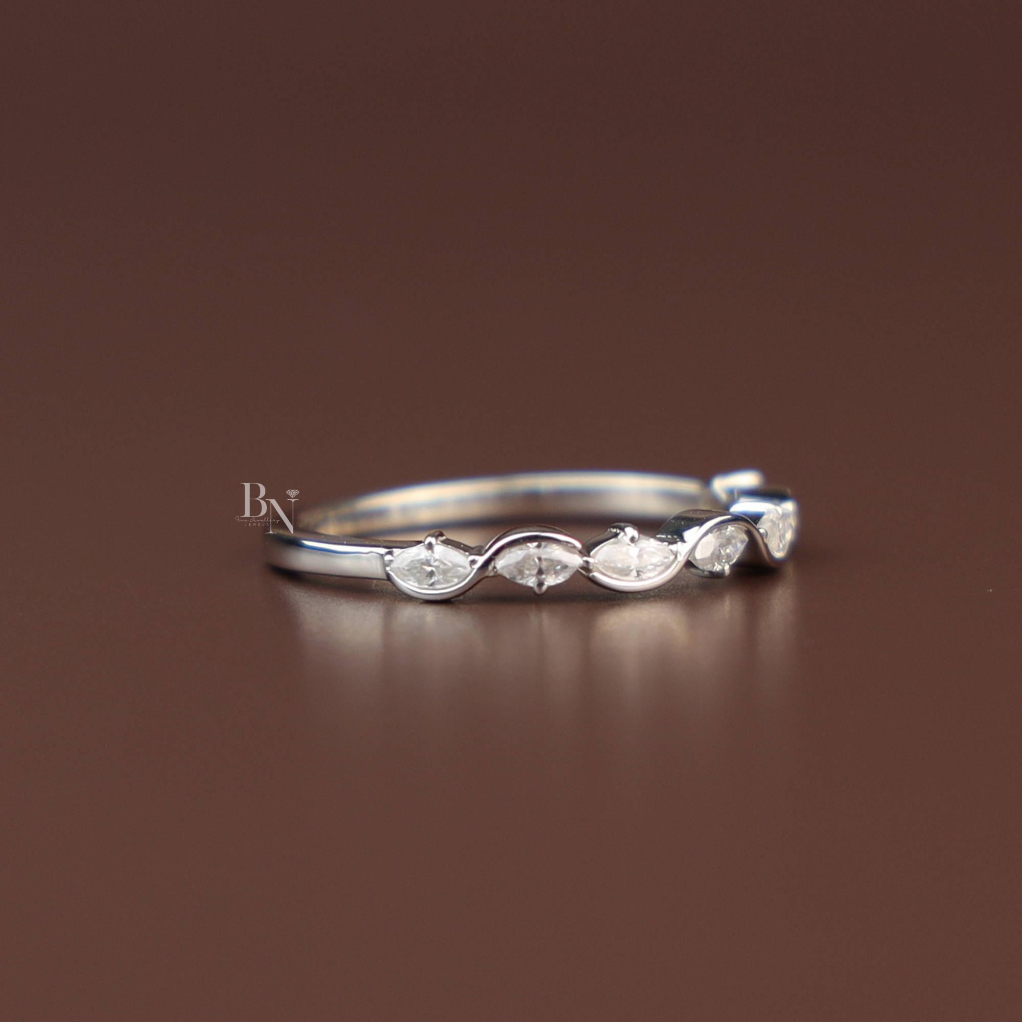 Marquise Lab Diamond Wave Band, Dainty Scalloped Wedding Ring, Curved Stacking Band
