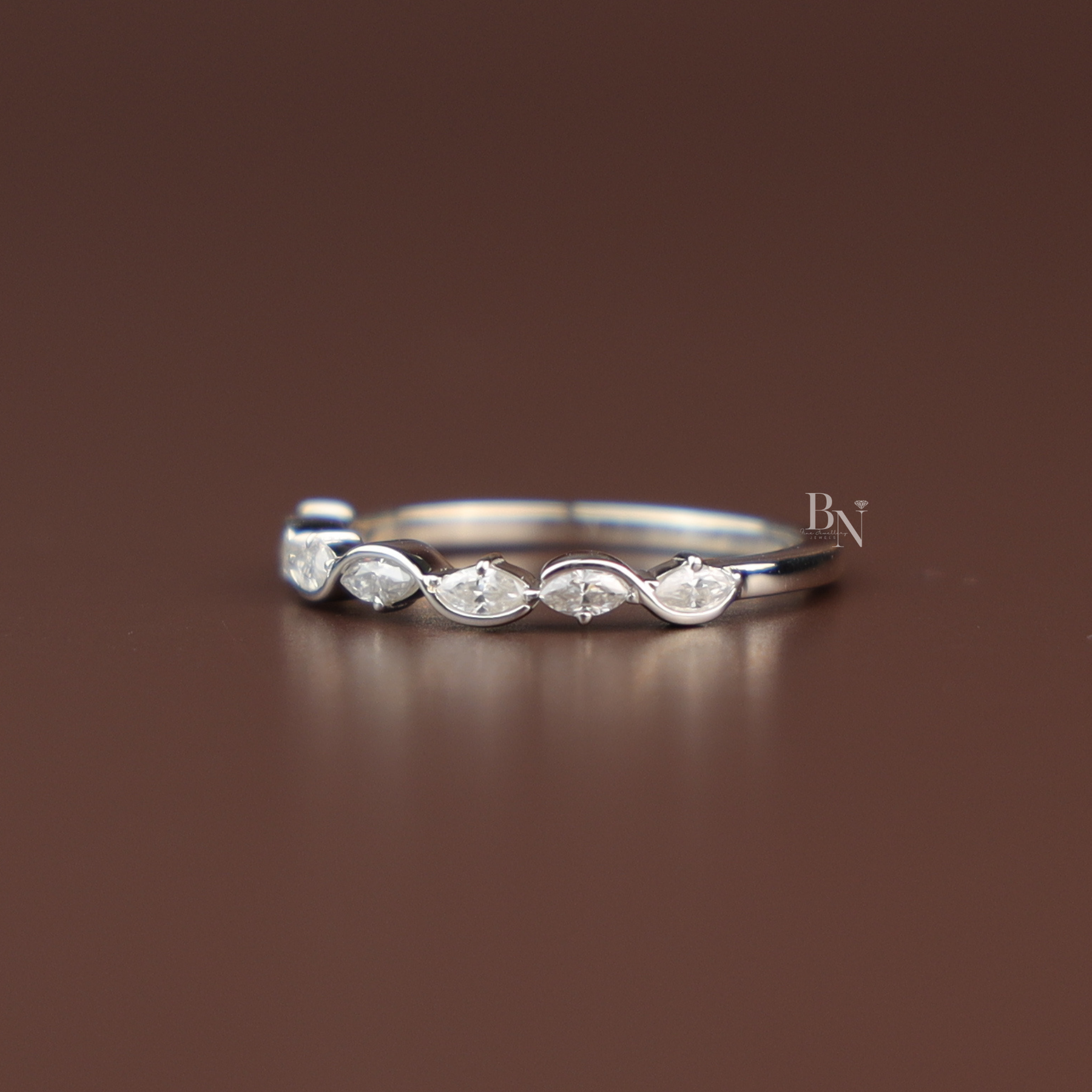 Marquise Lab Diamond Wave Band, Dainty Scalloped Wedding Ring, Curved Stacking Band