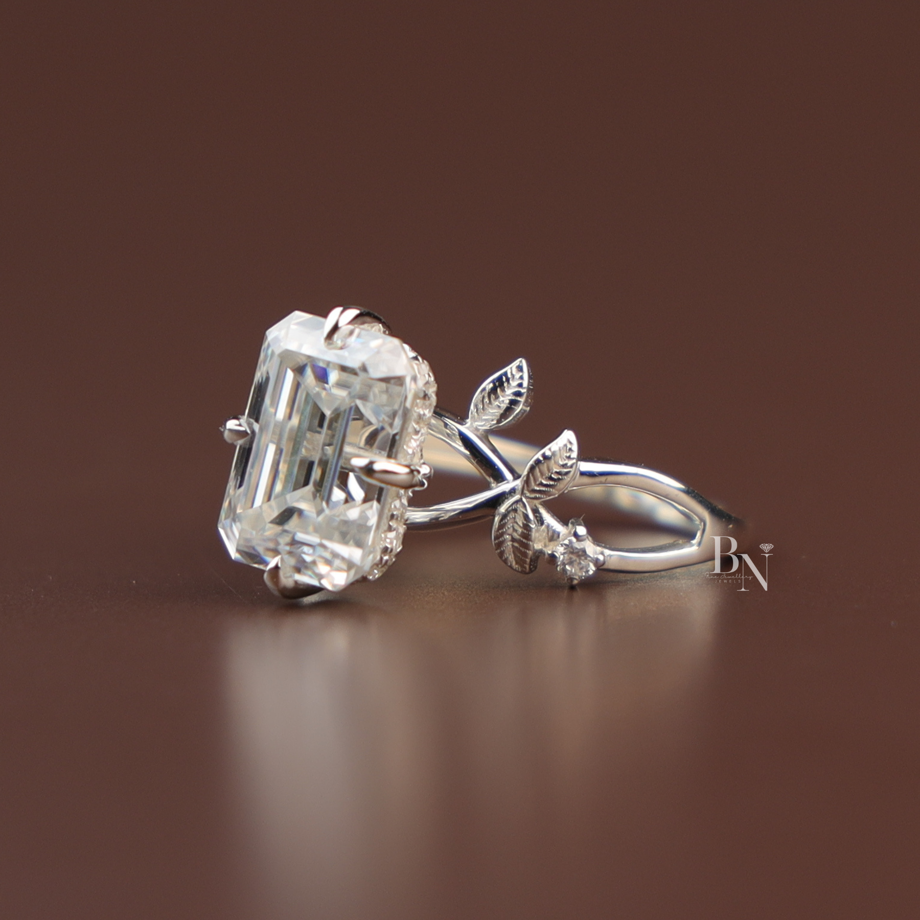3ct Emerald Cut Lab Diamond Ring, Nature Inspired Vine Engagement Ring, Hidden Halo Botanical Gold Ring