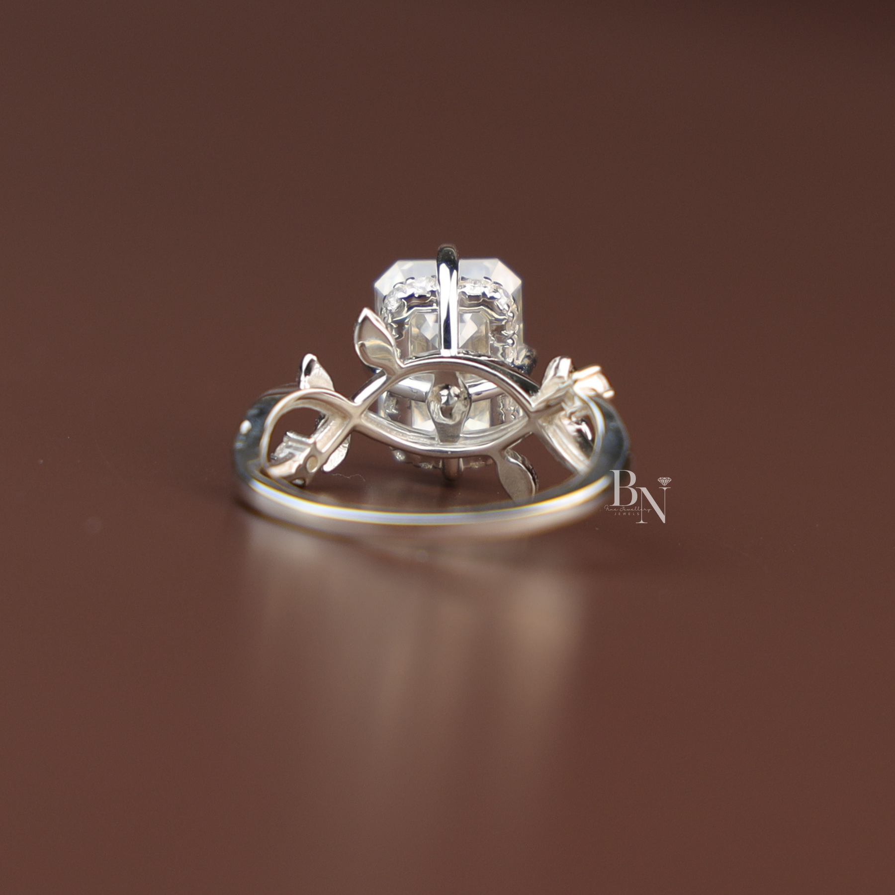 3ct Emerald Cut Lab Diamond Ring, Nature Inspired Vine Engagement Ring, Hidden Halo Botanical Gold Ring