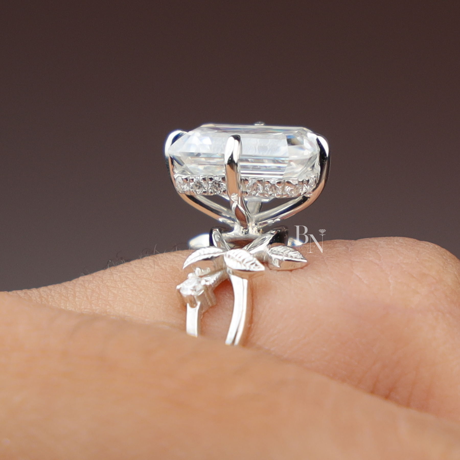 3ct Emerald Cut Lab Diamond Ring, Nature Inspired Vine Engagement Ring, Hidden Halo Botanical Gold Ring