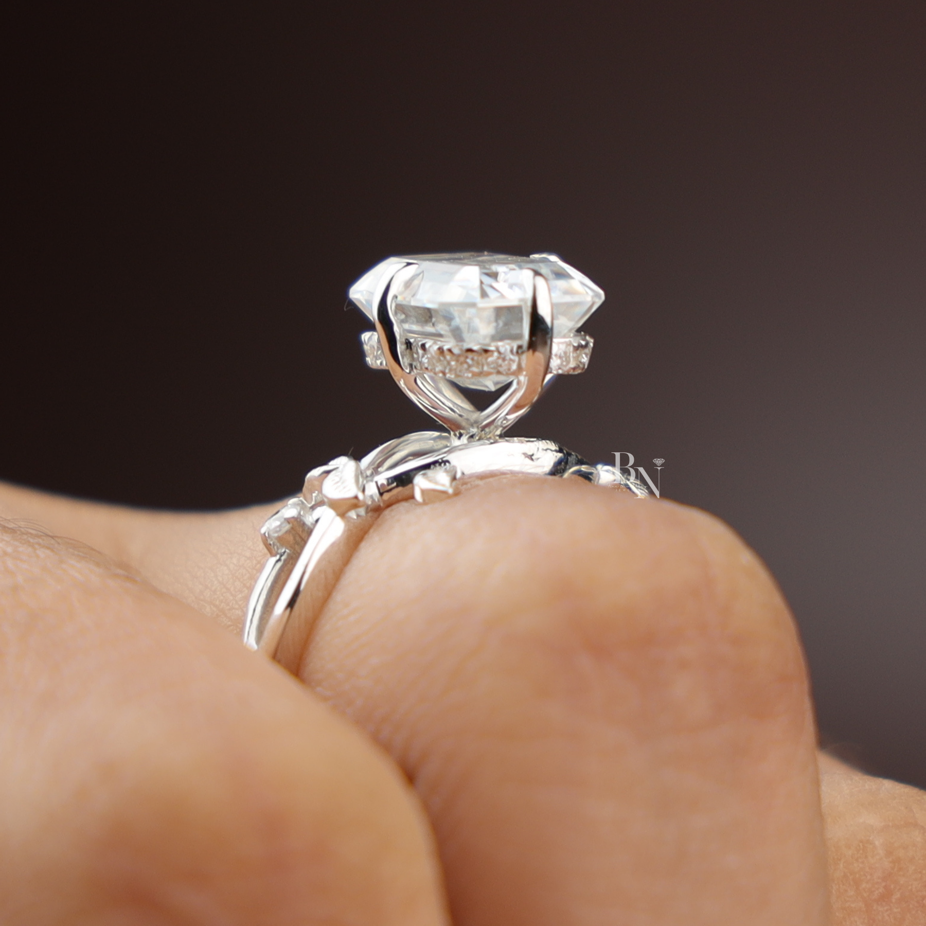 3ct Emerald Cut Lab Diamond Ring, Nature Inspired Vine Engagement Ring, Hidden Halo Botanical Gold Ring