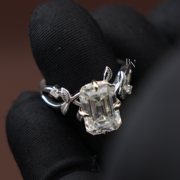 3ct Emerald Cut Lab Diamond Ring, Nature Inspired Vine Engagement Ring, Hidden Halo Botanical Gold Ring