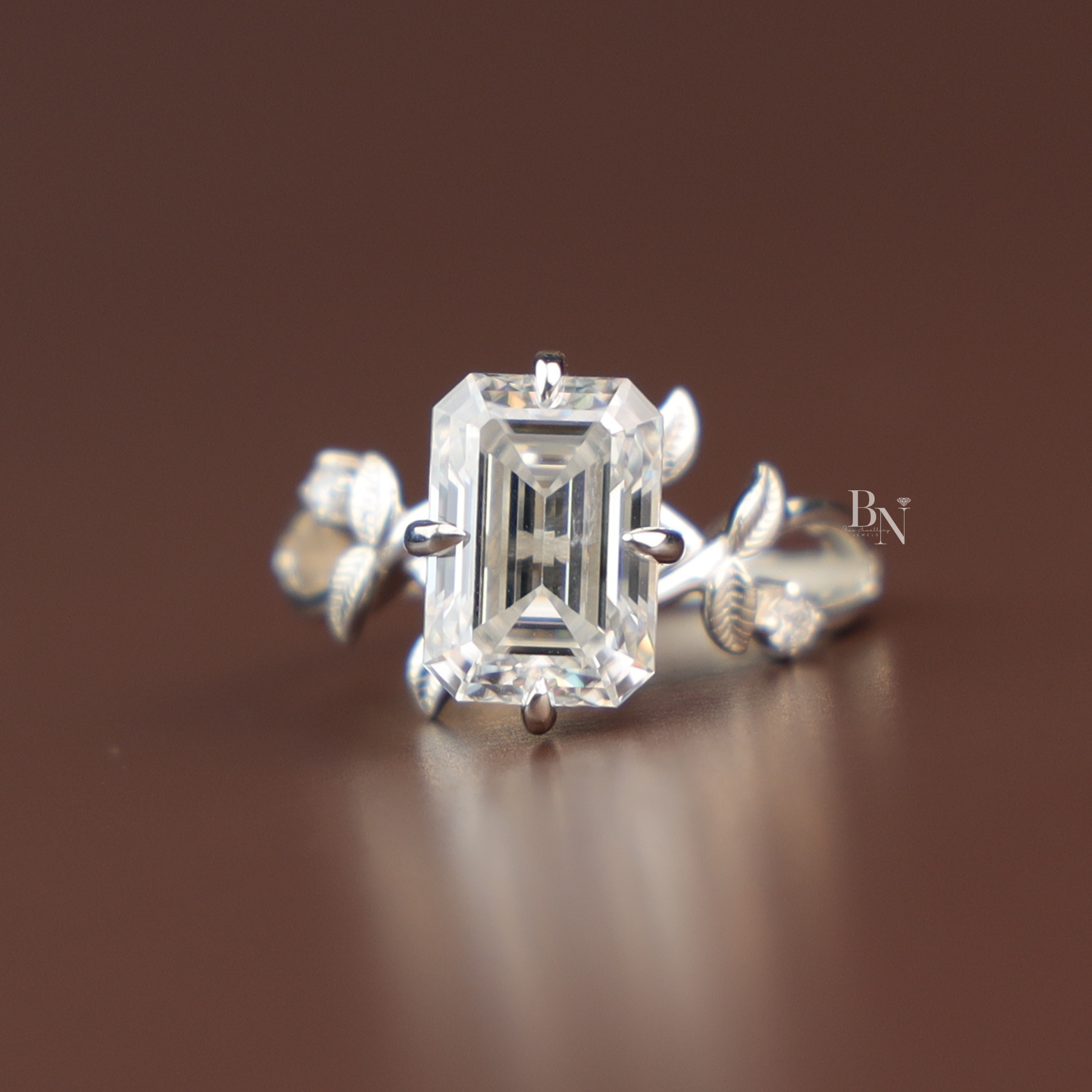 3ct Emerald Cut Lab Diamond Ring, Nature Inspired Vine Engagement Ring, Hidden Halo Botanical Gold Ring