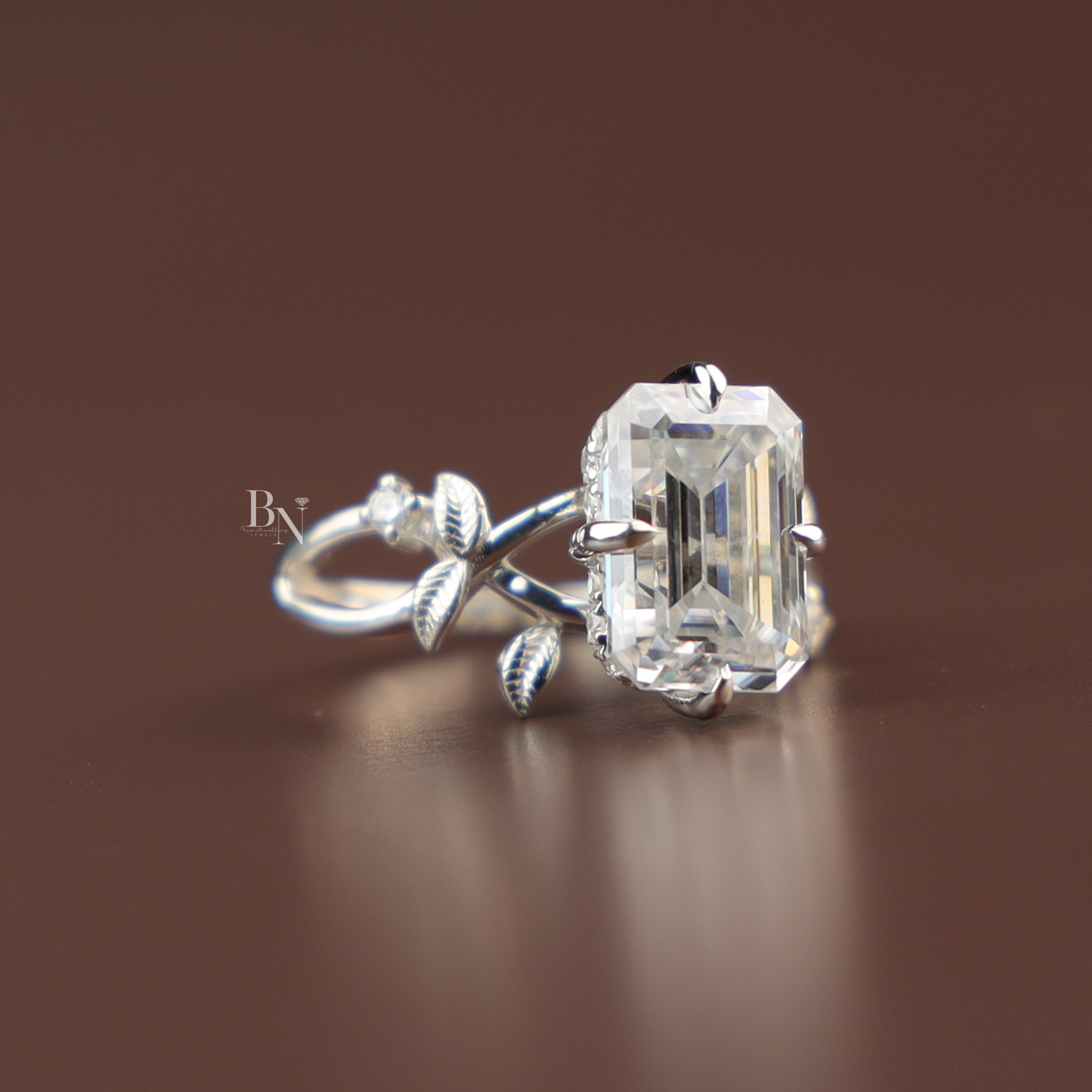 3ct Emerald Cut Lab Diamond Ring, Nature Inspired Vine Engagement Ring, Hidden Halo Botanical Gold Ring