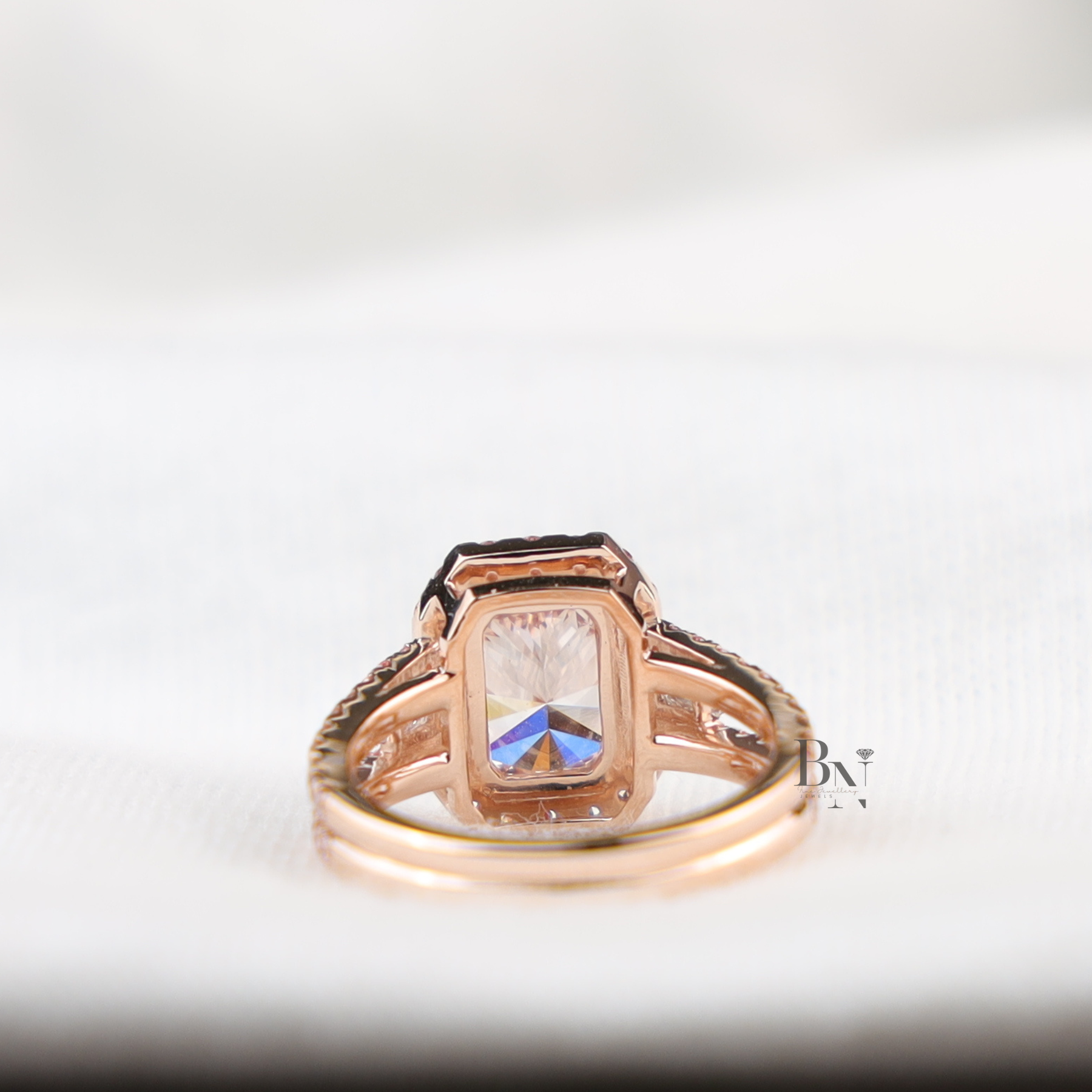 3ct Fancy Pink Radiant Lab Diamond Ring , Rose Gold Halo Engagement Ring , Baguette Side Stones