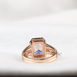 3ct Fancy Pink Radiant Lab Diamond Ring , Rose Gold Halo Engagement Ring , Baguette Side Stones
