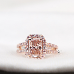 3ct Fancy Pink Radiant Lab Diamond Ring , Rose Gold Halo Engagement Ring , Baguette Side Stones