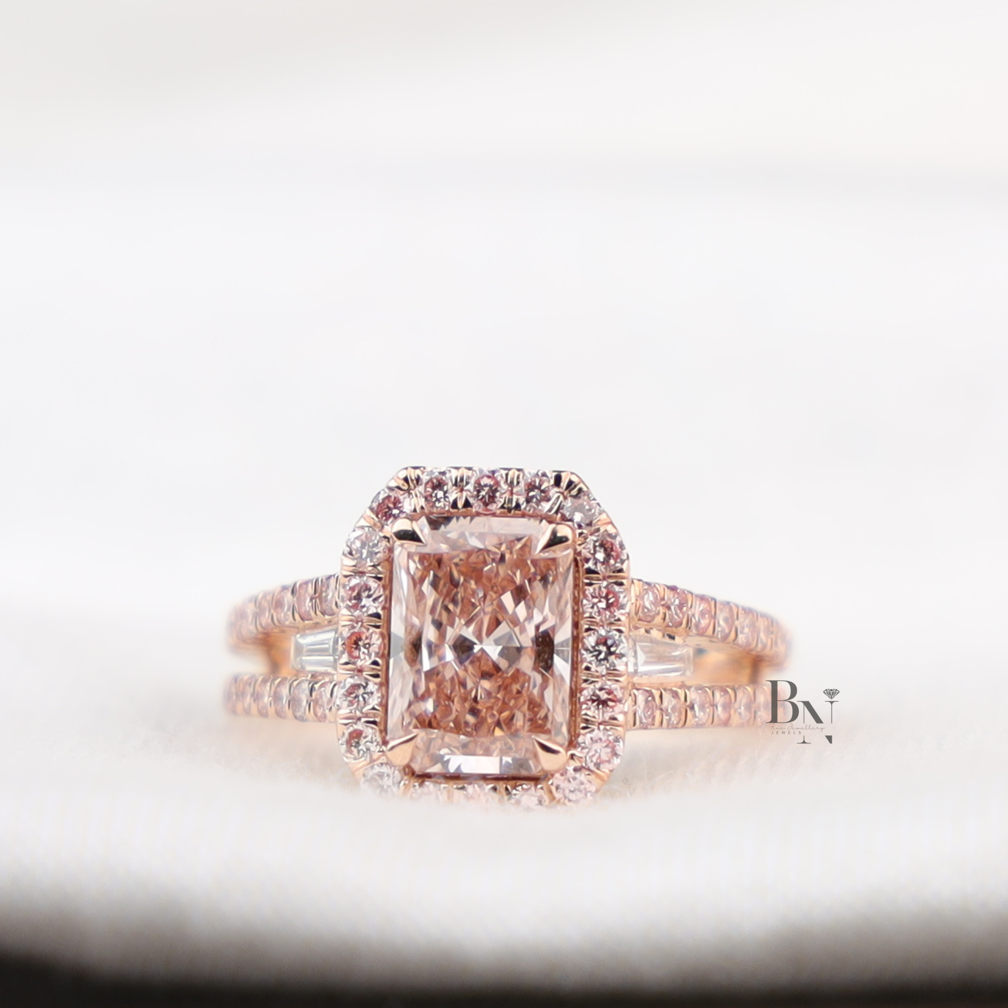 3ct Fancy Pink Radiant Lab Diamond Ring , Rose Gold Halo Engagement Ring , Baguette Side Stones