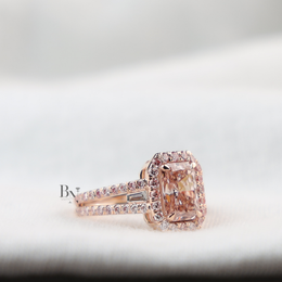 3ct Fancy Pink Radiant Lab Diamond Ring , Rose Gold Halo Engagement Ring , Baguette Side Stones