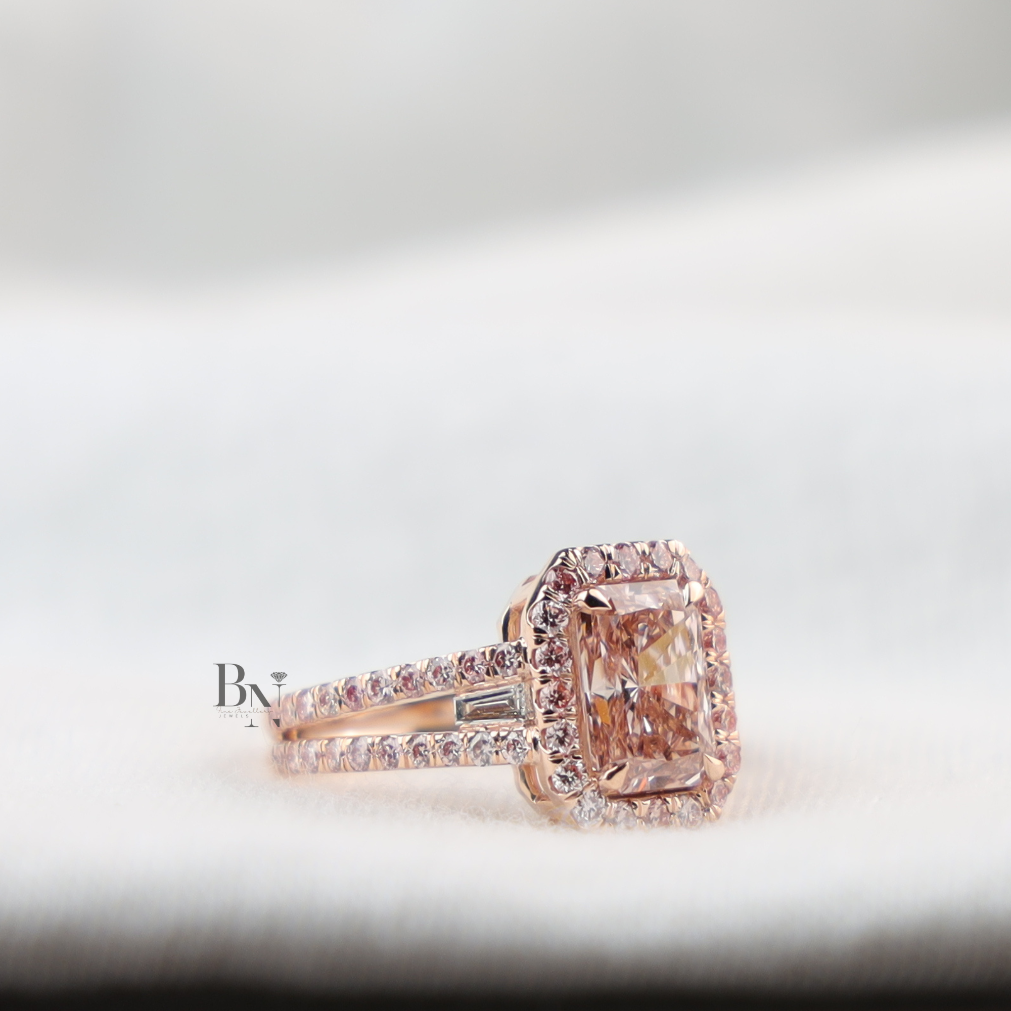 3ct Fancy Pink Radiant Lab Diamond Ring , Rose Gold Halo Engagement Ring , Baguette Side Stones