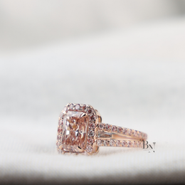 3ct Fancy Pink Radiant Lab Diamond Ring , Rose Gold Halo Engagement Ring , Baguette Side Stones