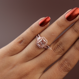 3ct Fancy Pink Radiant Lab Diamond Ring , Rose Gold Halo Engagement Ring , Baguette Side Stones