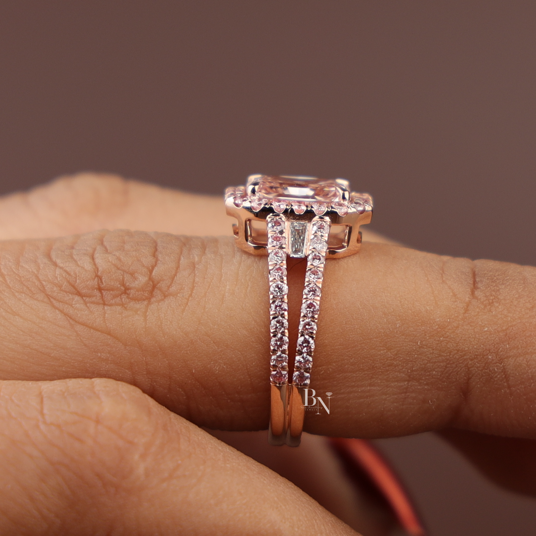 3ct Fancy Pink Radiant Lab Diamond Ring , Rose Gold Halo Engagement Ring , Baguette Side Stones