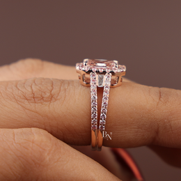 3ct Fancy Pink Radiant Lab Diamond Ring , Rose Gold Halo Engagement Ring , Baguette Side Stones