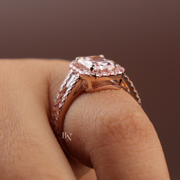 3ct Fancy Pink Radiant Lab Diamond Ring , Rose Gold Halo Engagement Ring , Baguette Side Stones