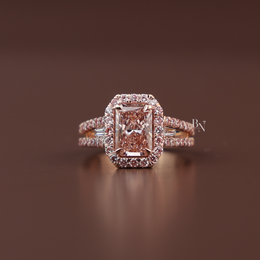 3ct Fancy Pink Radiant Lab Diamond Ring , Rose Gold Halo Engagement Ring , Baguette Side Stones