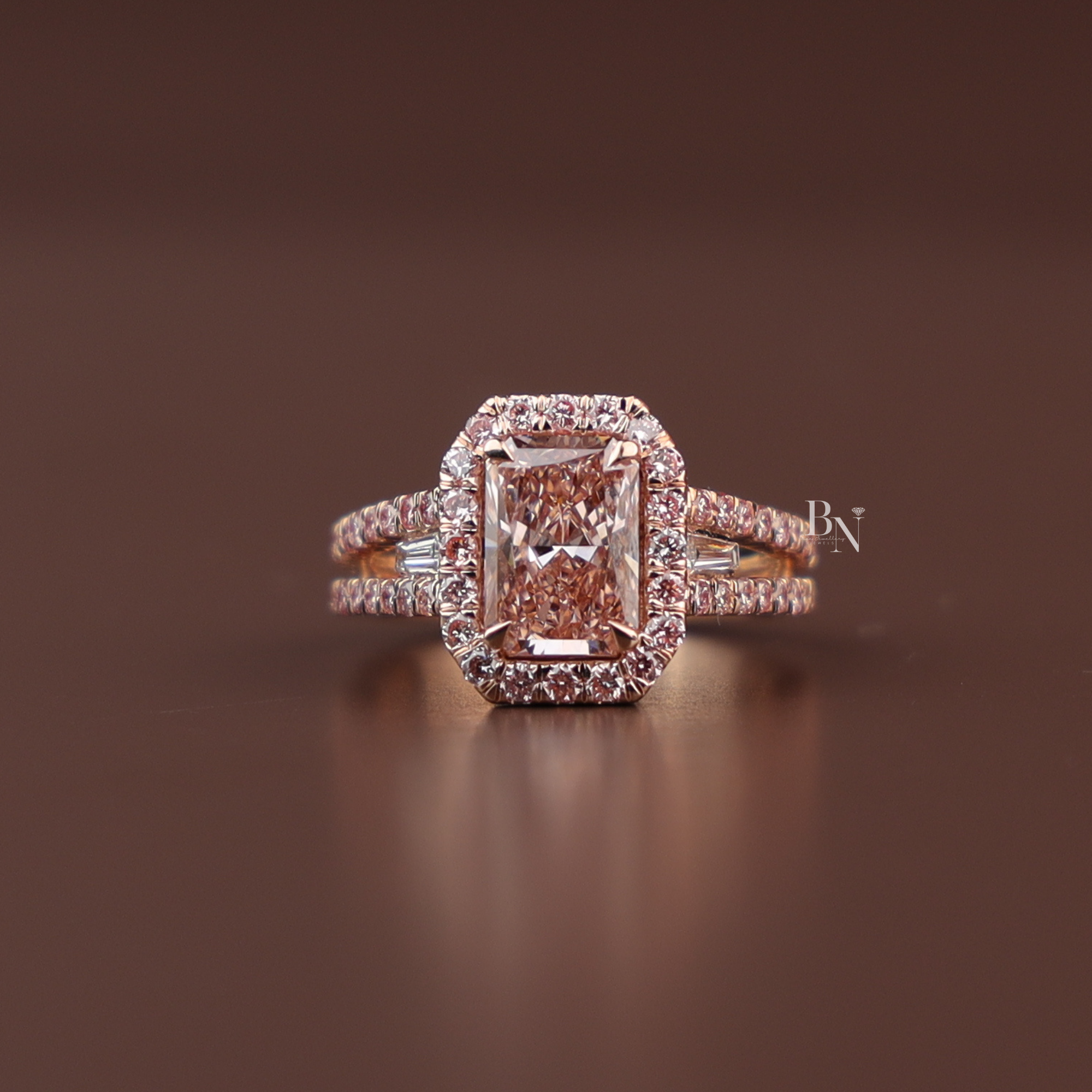 3ct Fancy Pink Radiant Lab Diamond Ring , Rose Gold Halo Engagement Ring , Baguette Side Stones