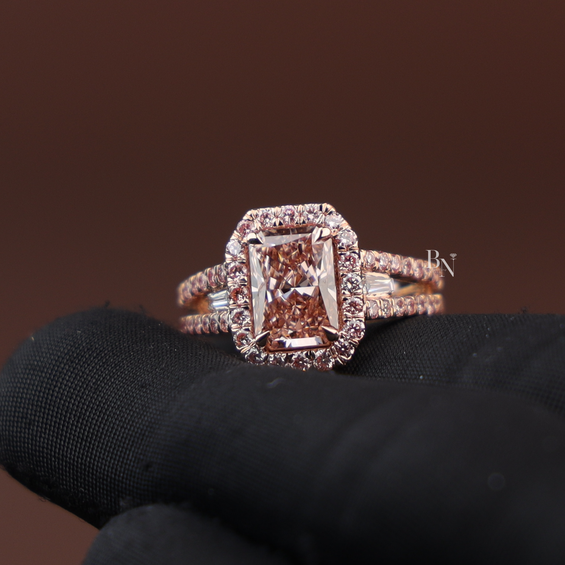 3ct Fancy Pink Radiant Lab Diamond Ring , Rose Gold Halo Engagement Ring , Baguette Side Stones