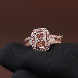 3ct Fancy Pink Radiant Lab Diamond Ring , Rose Gold Halo Engagement Ring , Baguette Side Stones