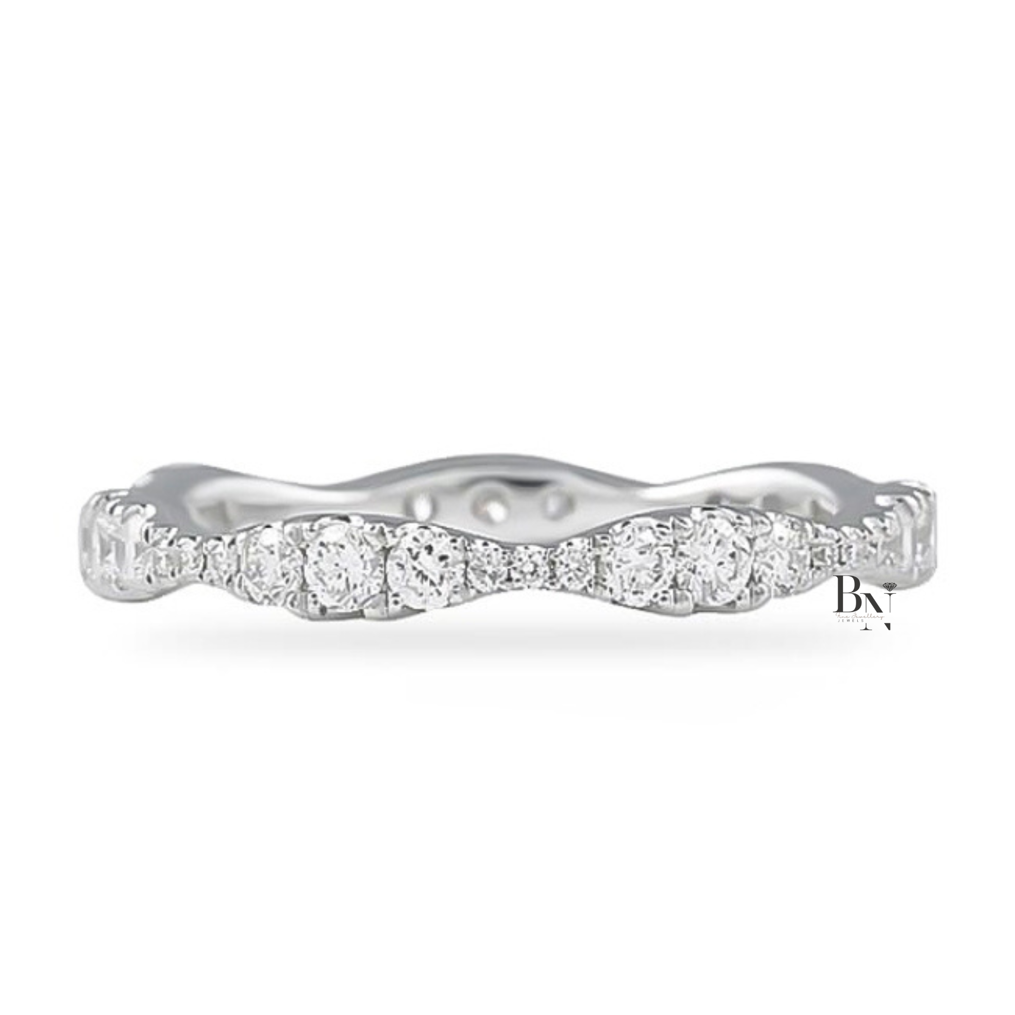 Round Lab Diamond Wavy Band, 0.55ct Pave Eternity Ring, 14K White Gold Stacking Ring