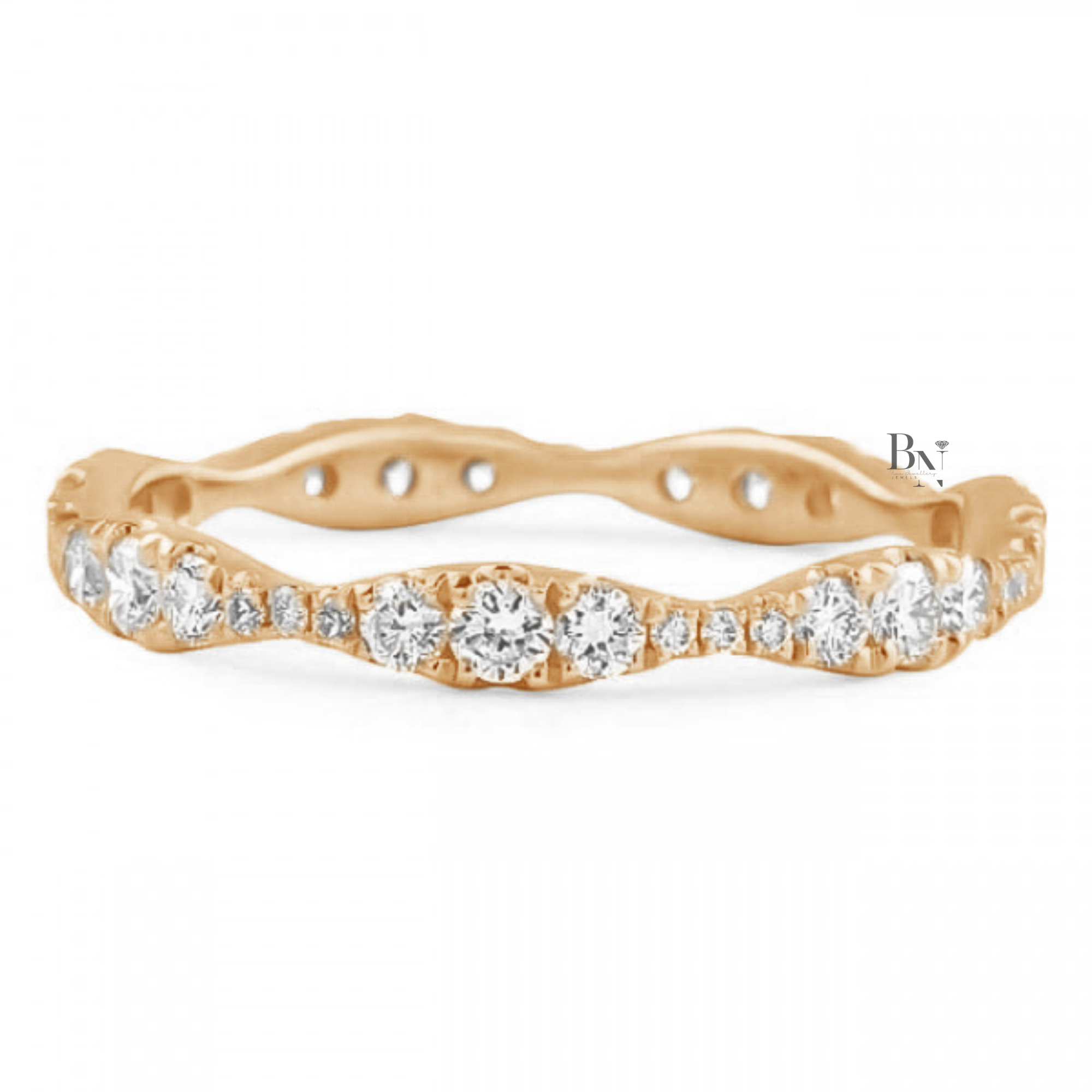 Round Lab Diamond Wavy Band, 0.55ct Pave Eternity Ring, 14K White Gold Stacking Ring