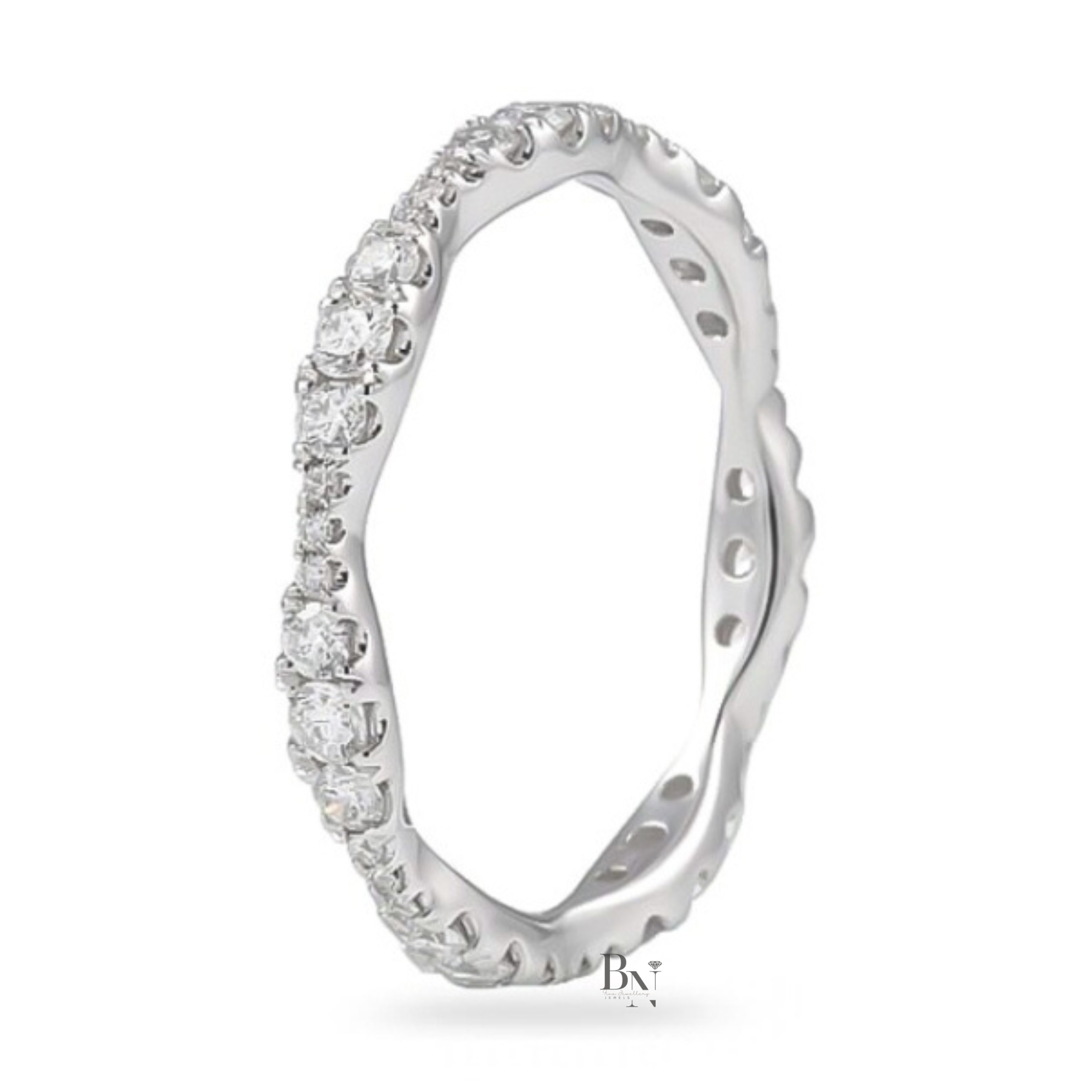 Round Lab Diamond Wavy Band, 0.55ct Pave Eternity Ring, 14K White Gold Stacking Ring