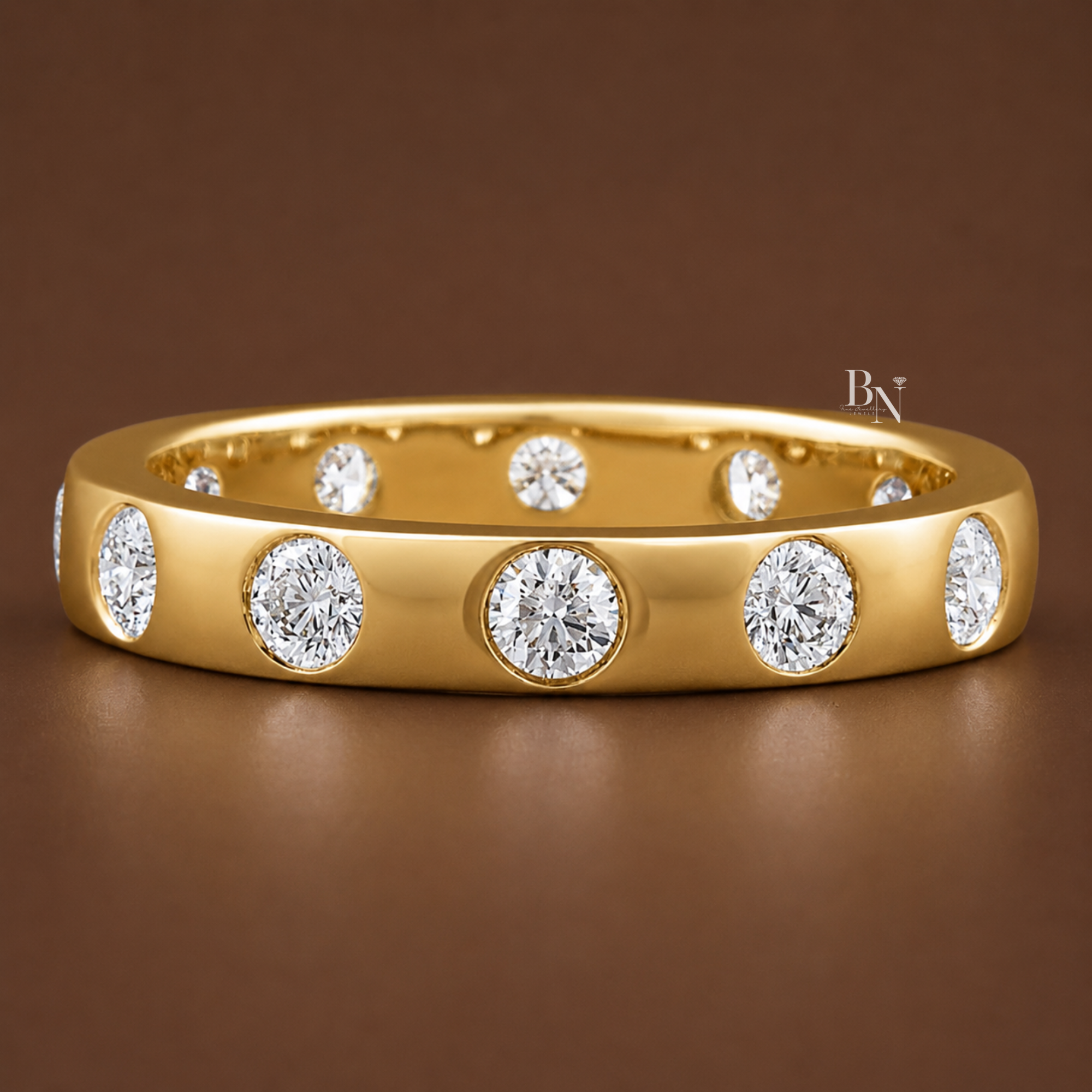 0.75 carat total weight round brilliant cut lab diamond full eternity band. Crafted in 14K gold featuring a 3.2mm wide band with flush set stones. Perfect fine jewelry bridal stacking ring or elegant anniversary gift.