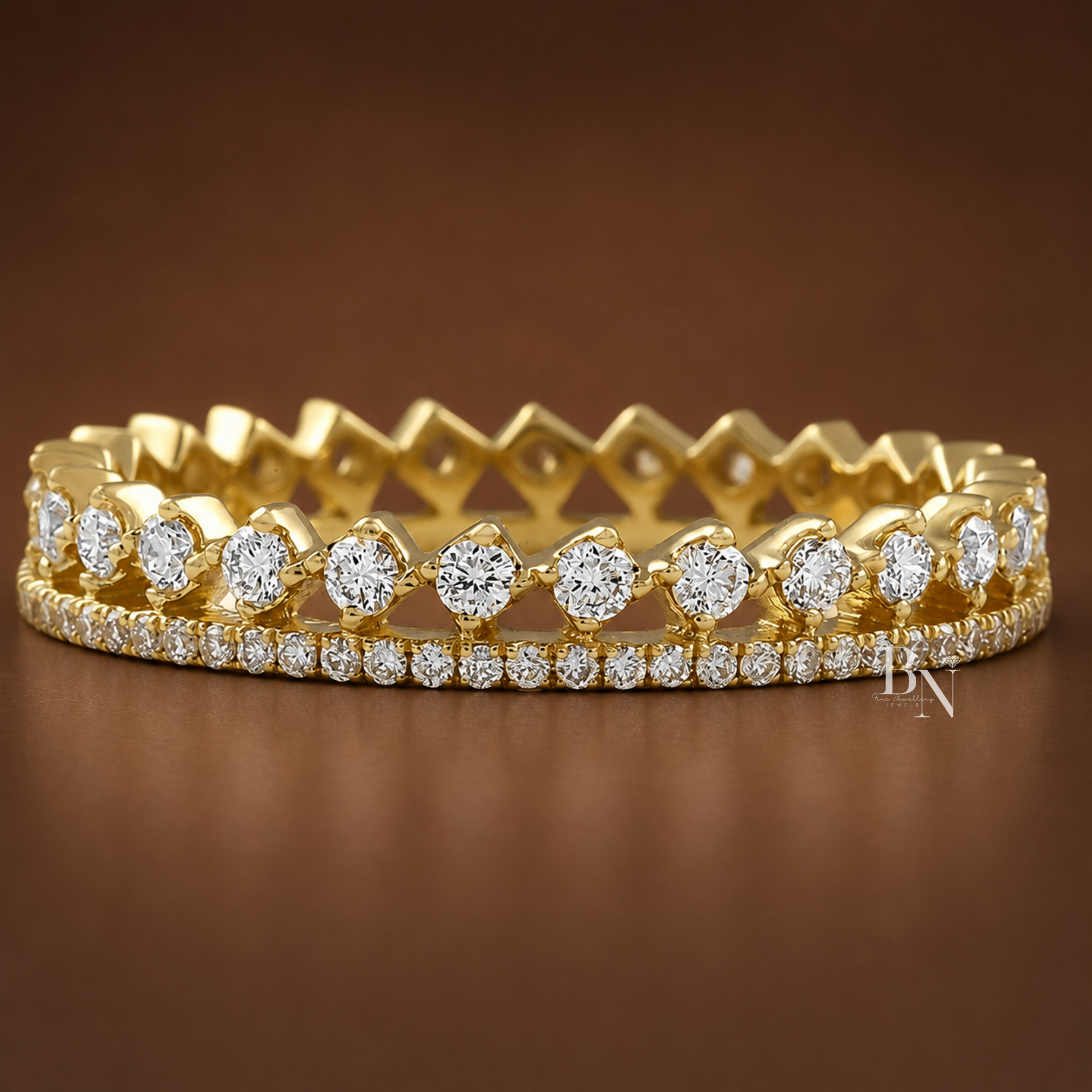 Round cut lab diamond eternity band with compass set diamonds and pave row, 14k gold, luxury wedding stackable ring, elegant bridal fine jewelry.