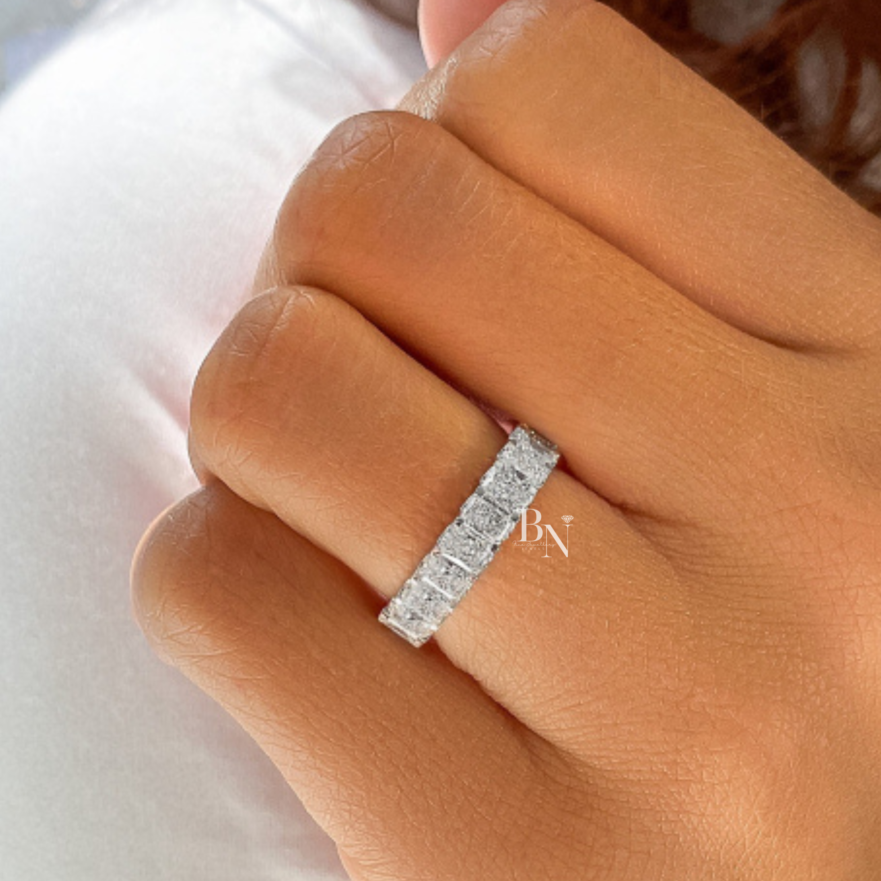 Radiant Cut Lab Diamond Eternity Band, U-Shape Wedding Ring, 3.20ctw Full Circle Band, 14k Gold