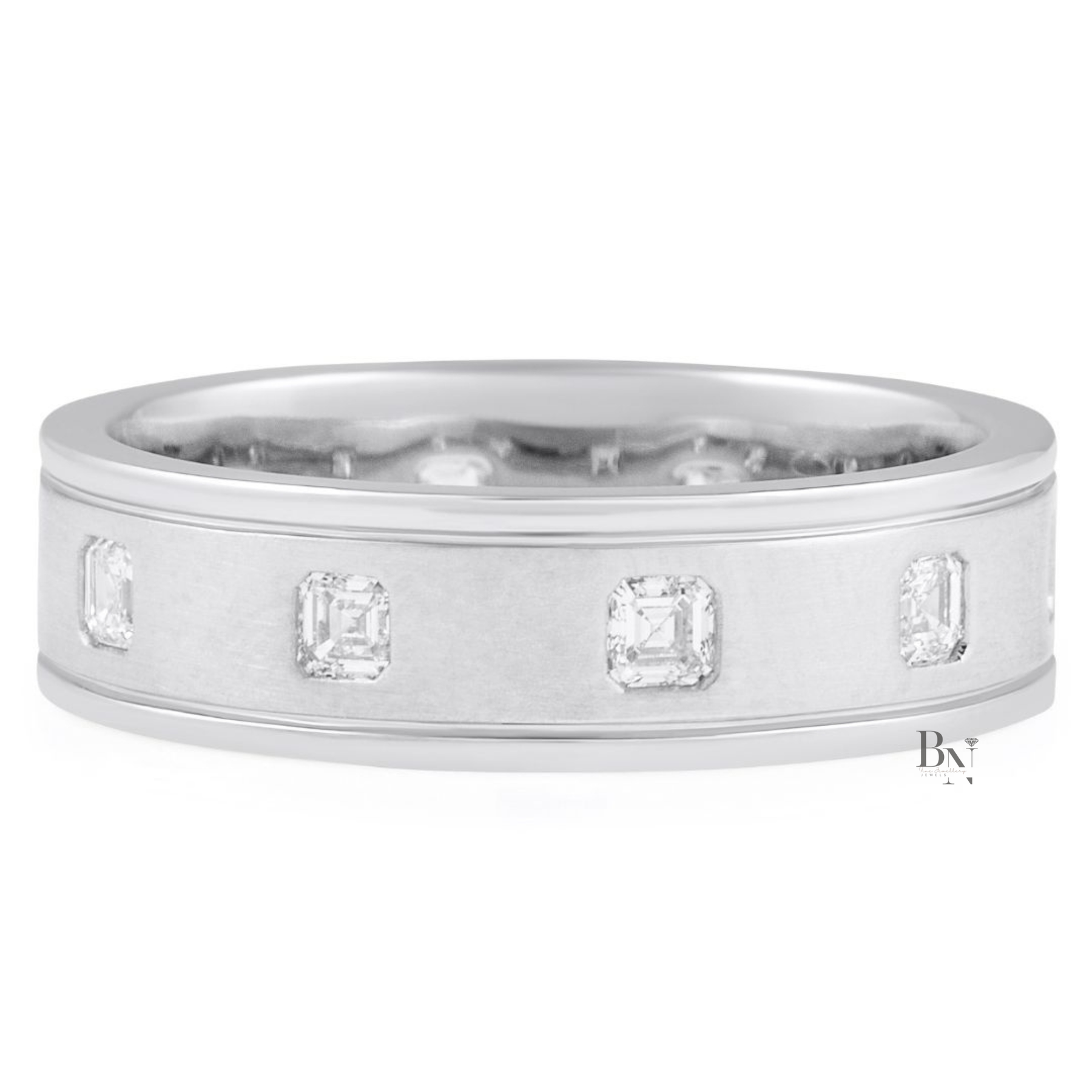 Asscher Cut Lab Diamond Eternity Band, Matte Gold Wedding Ring, 0.80ctw Bezel Set Band