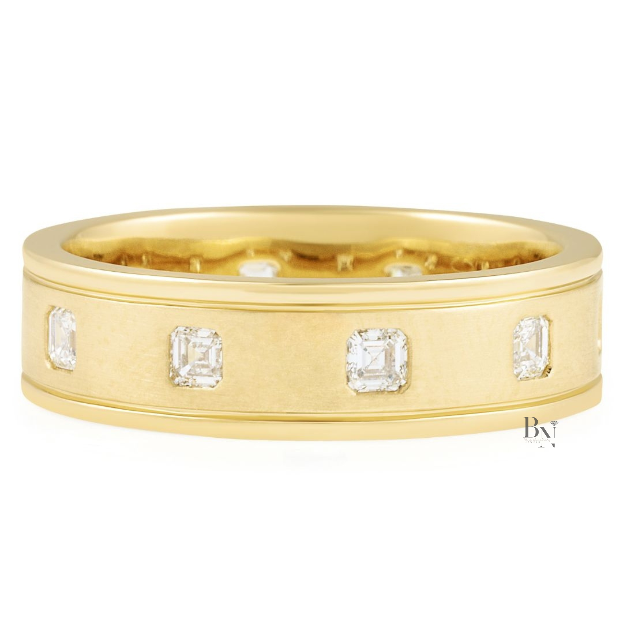 Asscher Cut Lab Diamond Eternity Band, Matte Gold Wedding Ring, 0.80ctw Bezel Set Band