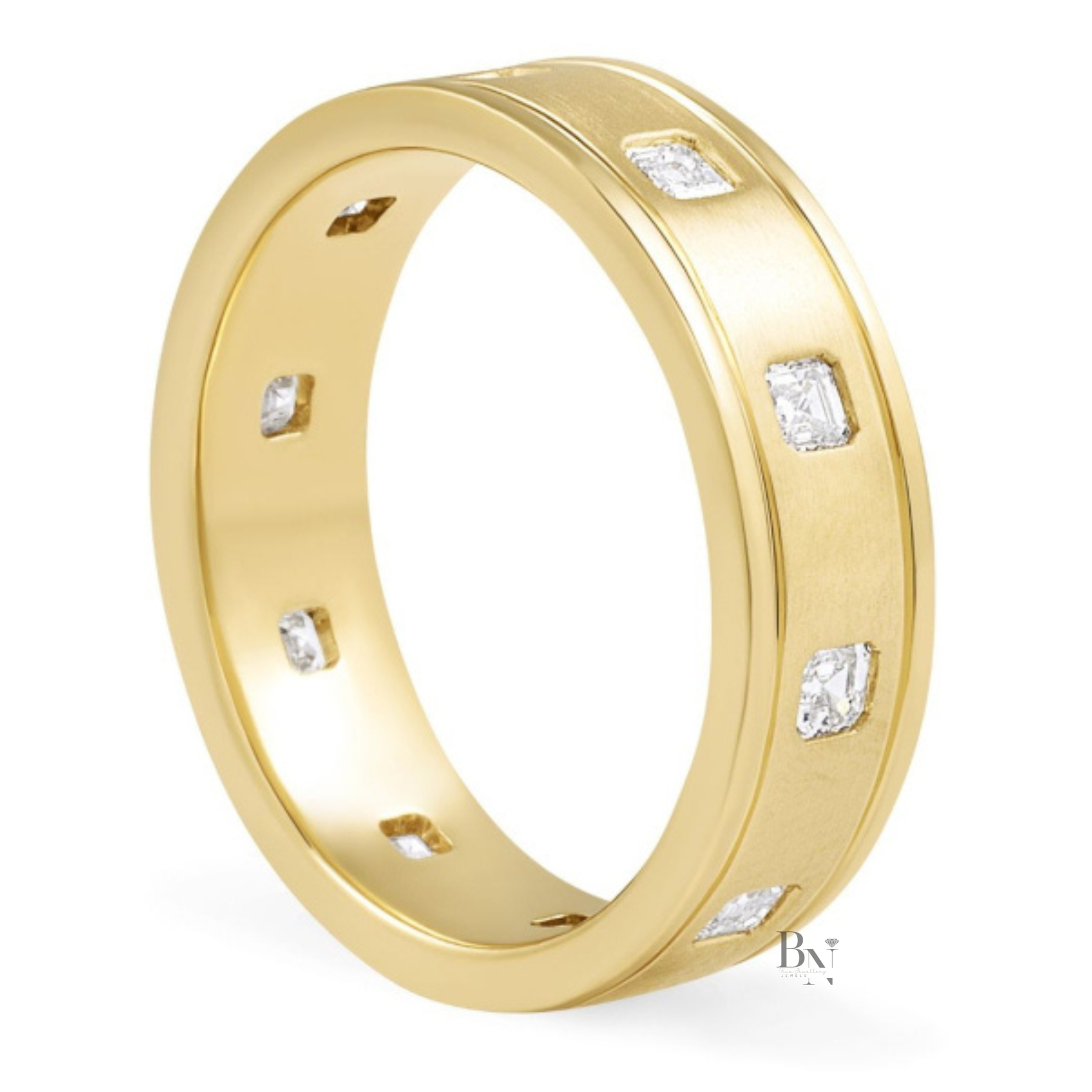 Asscher Cut Lab Diamond Eternity Band, Matte Gold Wedding Ring, 0.80ctw Bezel Set Band