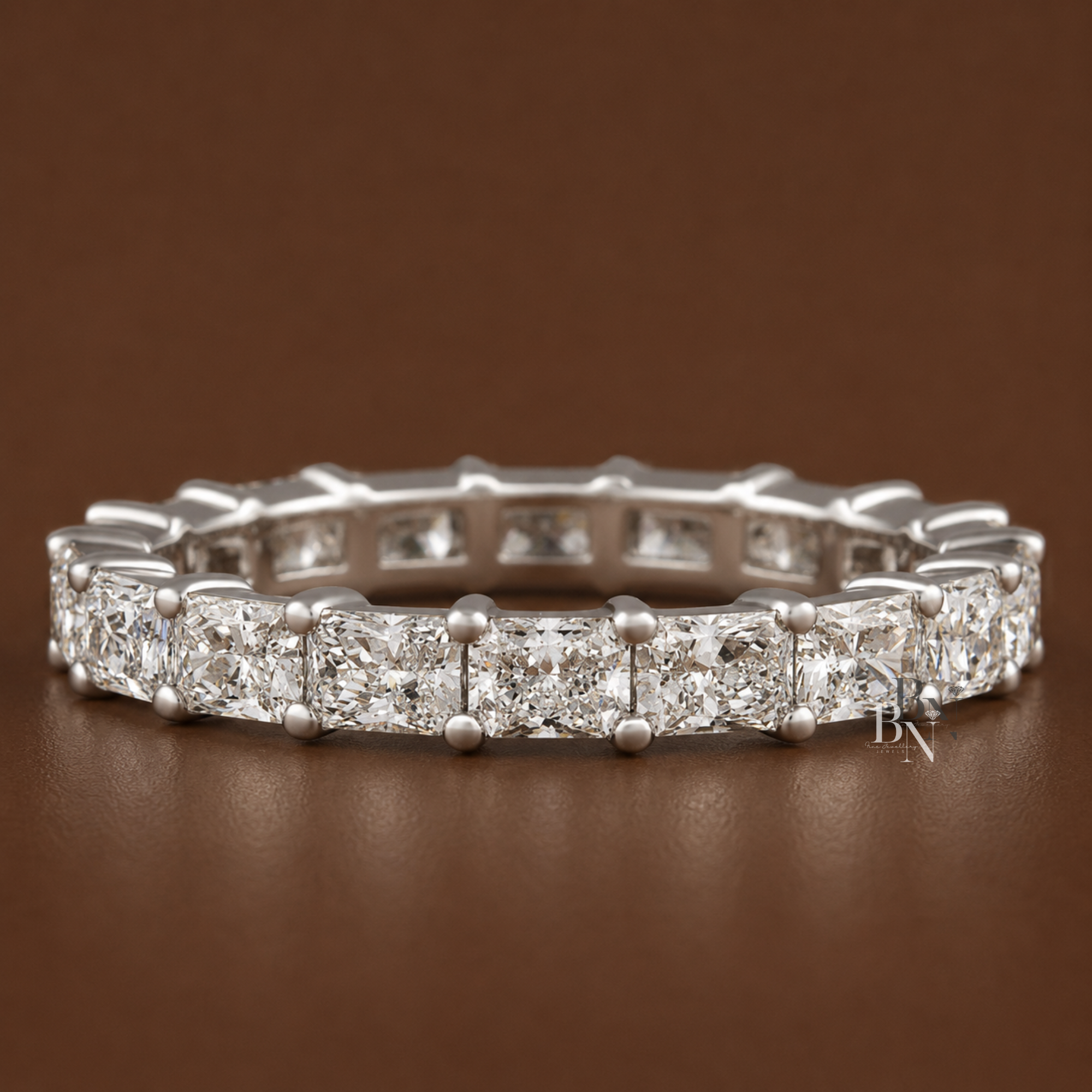 East-west radiant cut lab diamond full eternity band in 14k gold with a shared prong setting, luxury wedding ring perfect for bridal stacking.