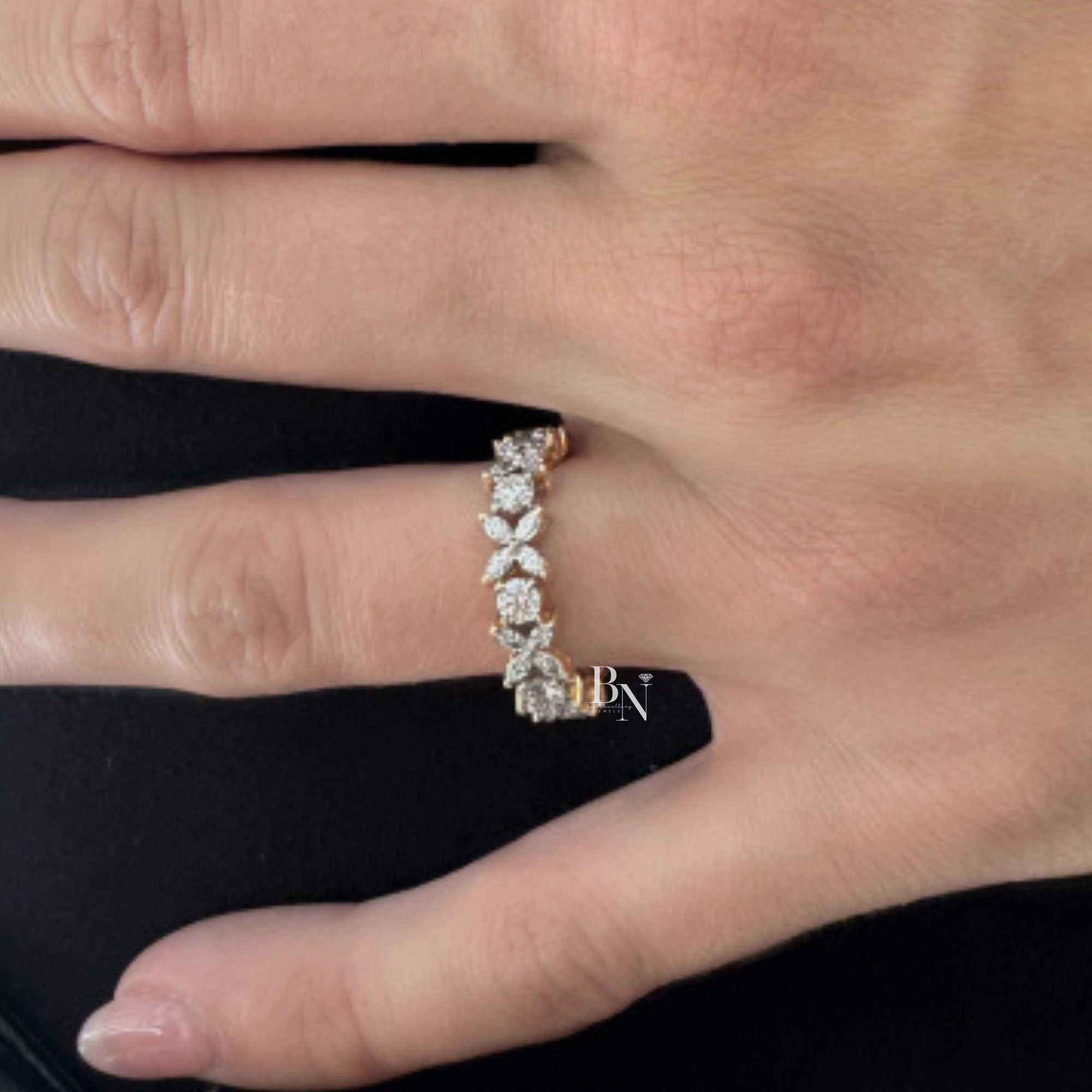 Marquise and Round Lab Diamond Eternity Band, 1.55ct Floral Setting Wedding Ring, 14K Gold
