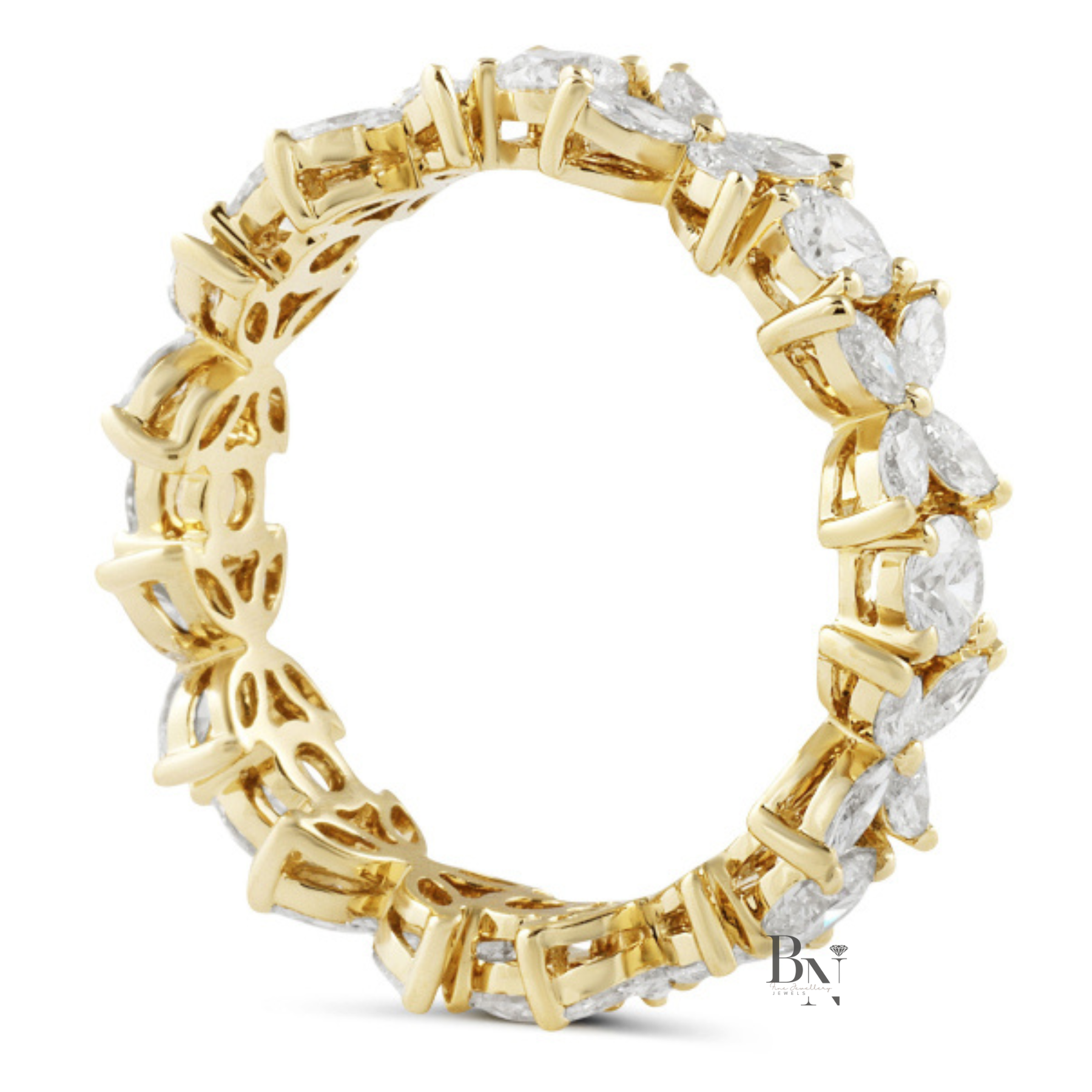Marquise and Round Lab Diamond Eternity Band, 1.55ct Floral Setting Wedding Ring, 14K Gold