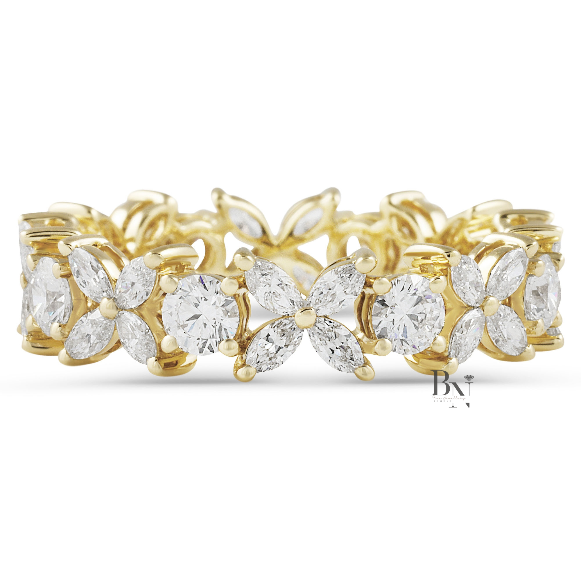 Marquise and Round Lab Diamond Eternity Band, 1.55ct Floral Setting Wedding Ring, 14K Gold