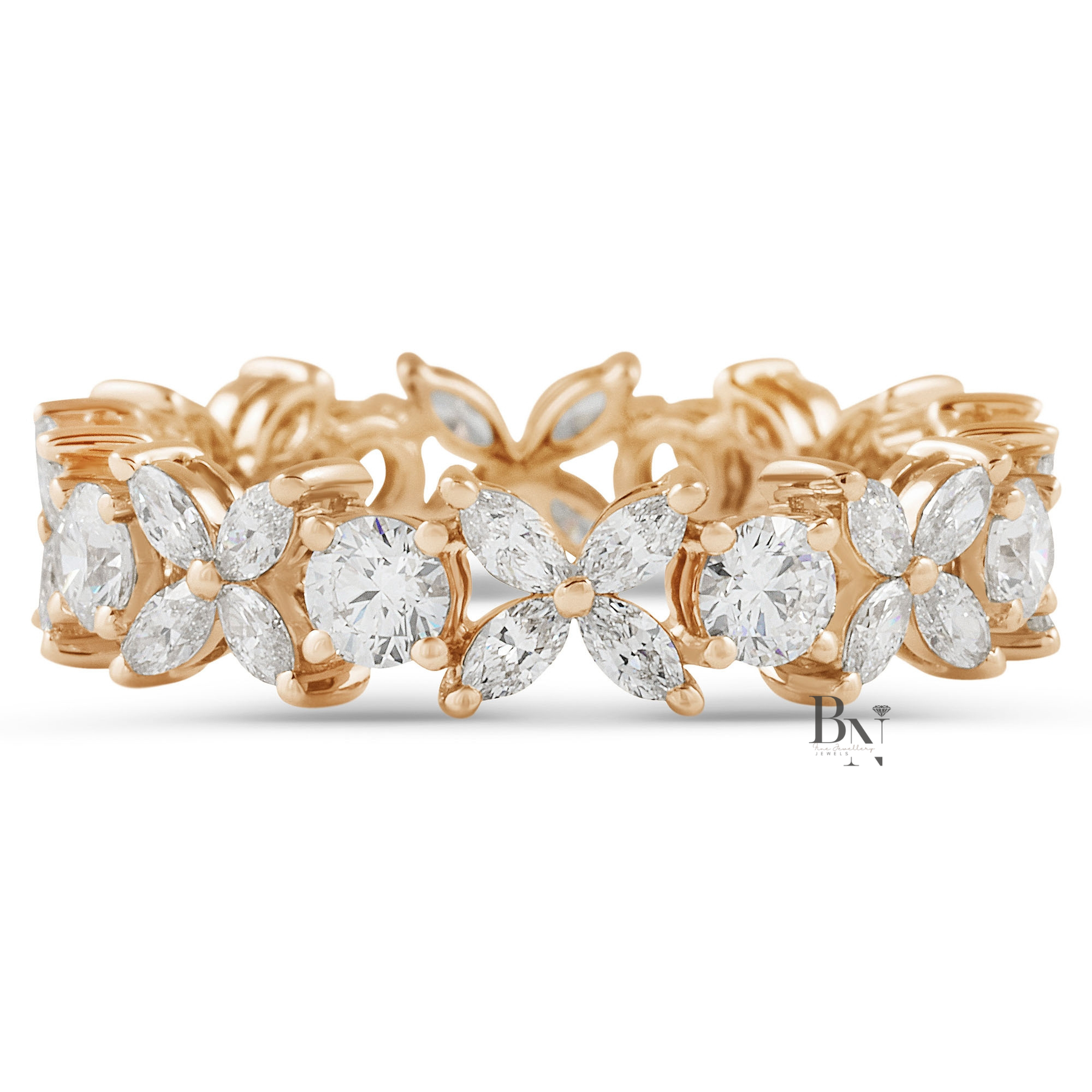 Marquise and Round Lab Diamond Eternity Band, 1.55ct Floral Setting Wedding Ring, 14K Gold