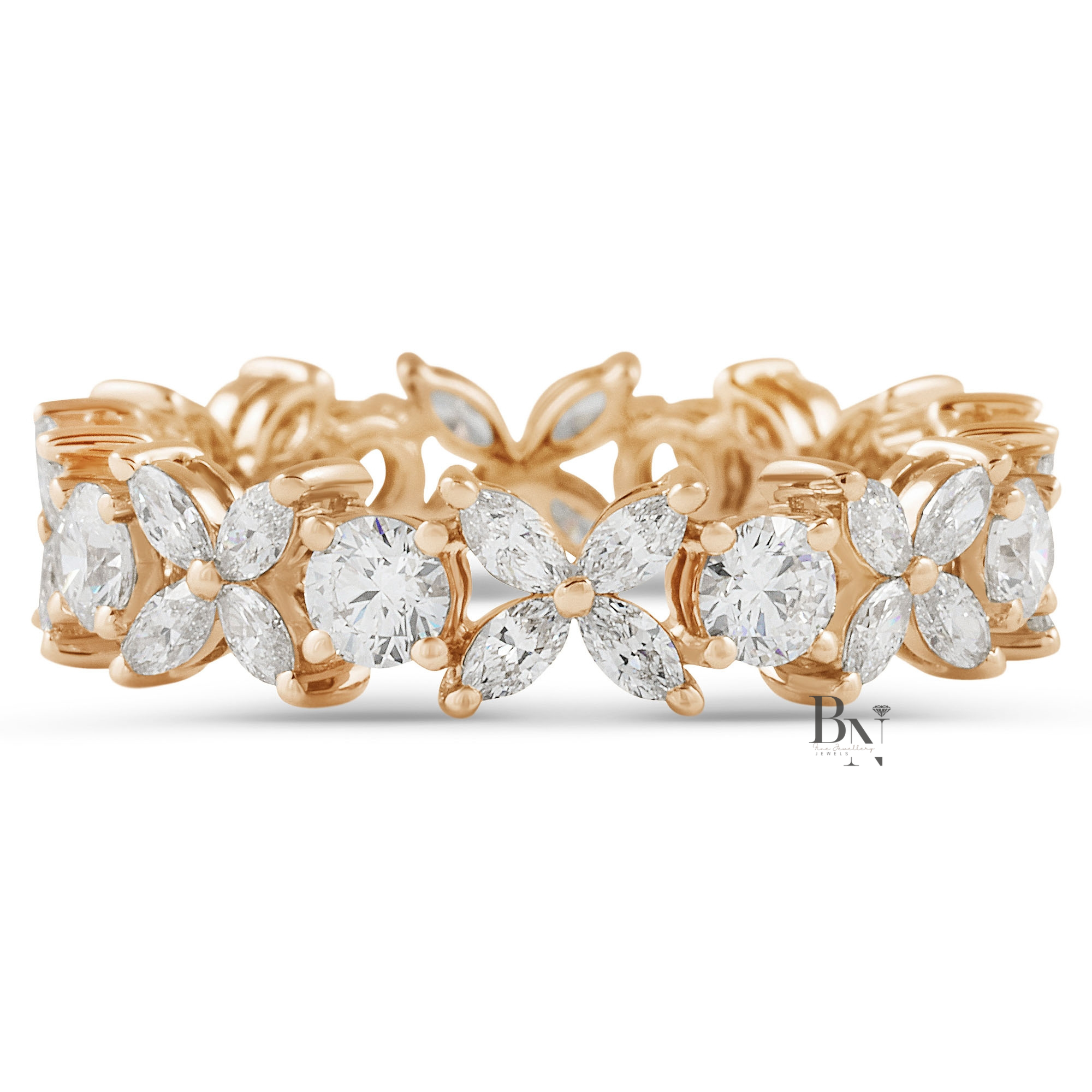 Marquise and Round Lab Diamond Eternity Band, 1.55ct Floral Setting Wedding Ring, 14K Gold