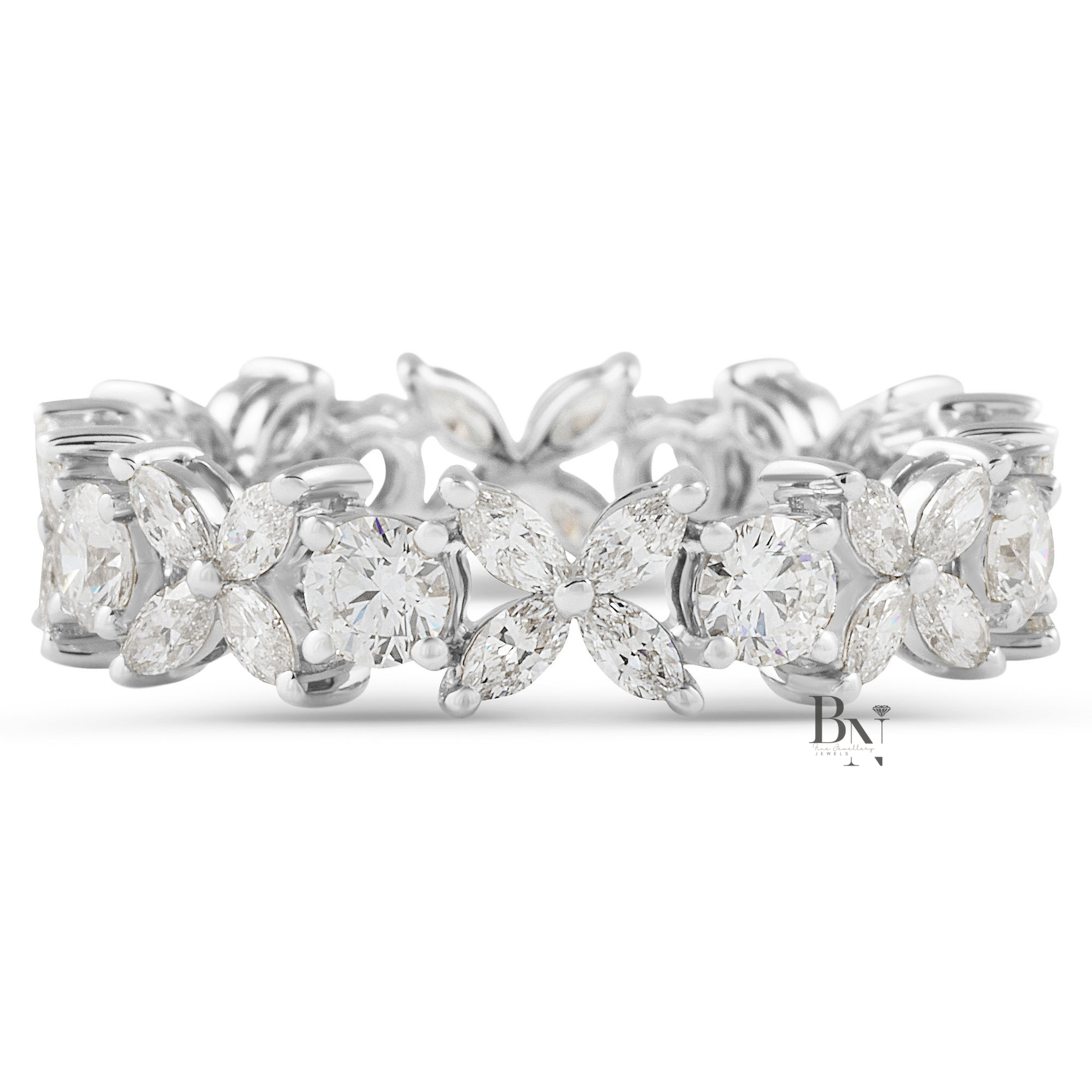 Marquise and Round Lab Diamond Eternity Band, 1.55ct Floral Setting Wedding Ring, 14K Gold