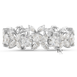 Marquise and Round Lab Diamond Eternity Band, 1.55ct Floral Setting Wedding Ring, 14K Gold