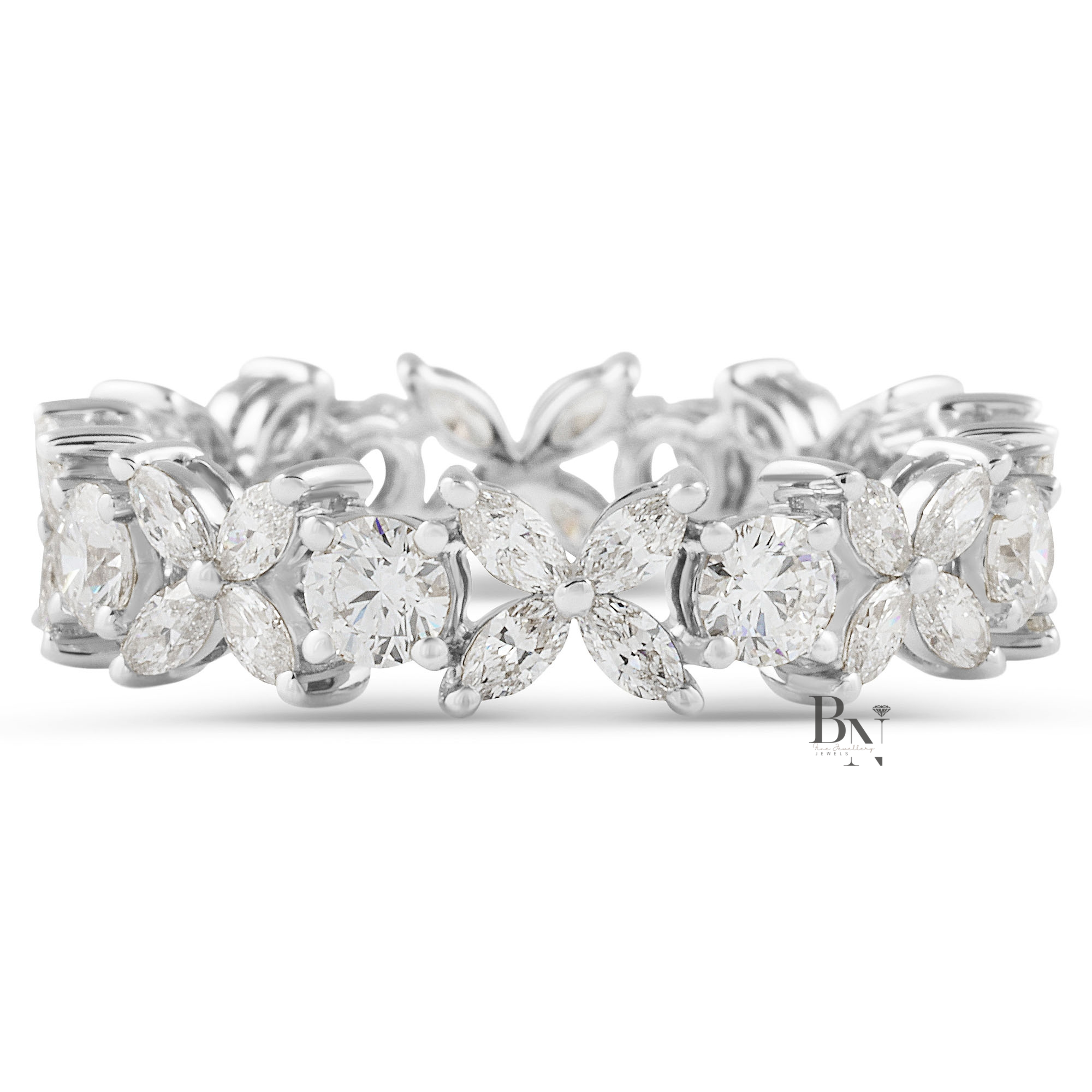 Marquise and Round Lab Diamond Eternity Band, 1.55ct Floral Setting Wedding Ring, 14K Gold