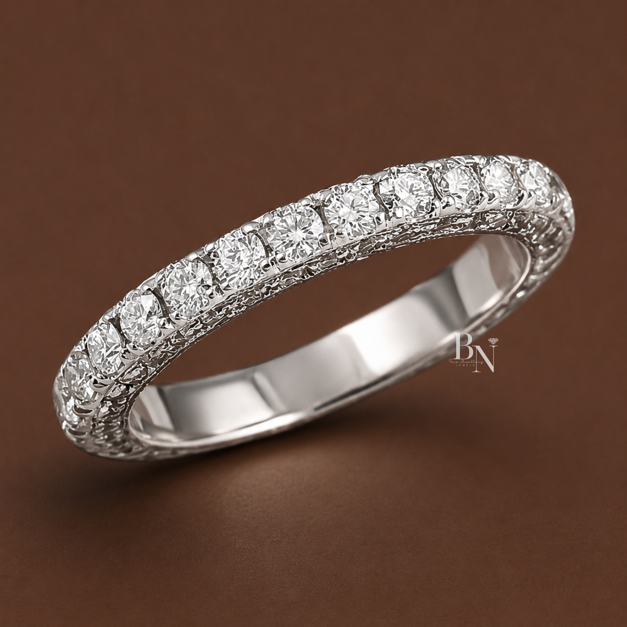 Round brilliant lab diamond three row pave eternity band. Features a 1.80ctw center row with micro pave side stones set in 14K gold. This 3mm wide luxury wedding ring is a stunning bridal stacking band or anniversary gift.