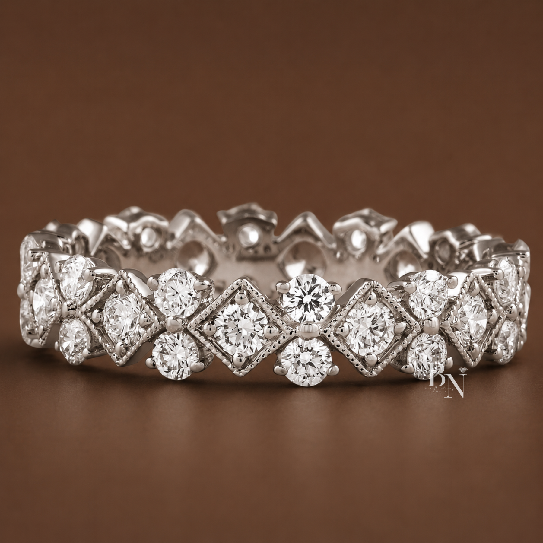 Round Lab Diamond Eternity Band, 1 Carat Milgrain Bezel Ring, 14K Gold Vintage Bridal Stacking Band