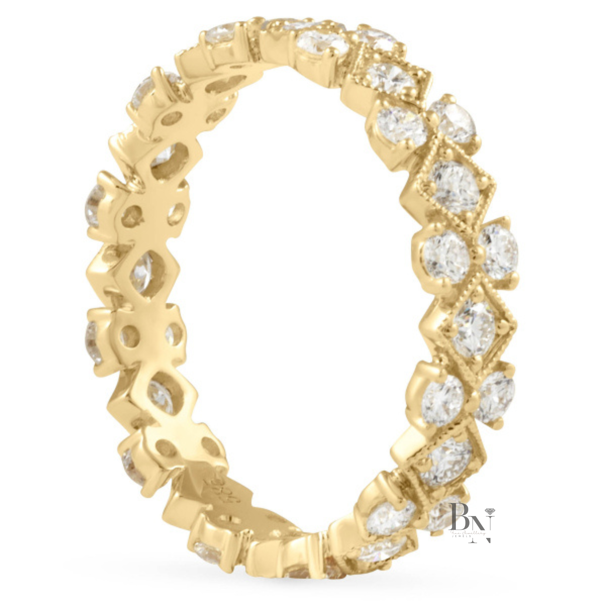 Round Lab Diamond Eternity Band, 1 Carat Milgrain Bezel Ring, 14K Gold Vintage Bridal Stacking Band