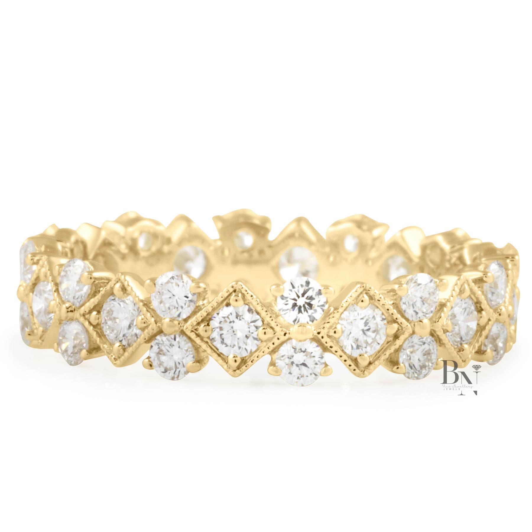 Round Lab Diamond Eternity Band, 1 Carat Milgrain Bezel Ring, 14K Gold Vintage Bridal Stacking Band