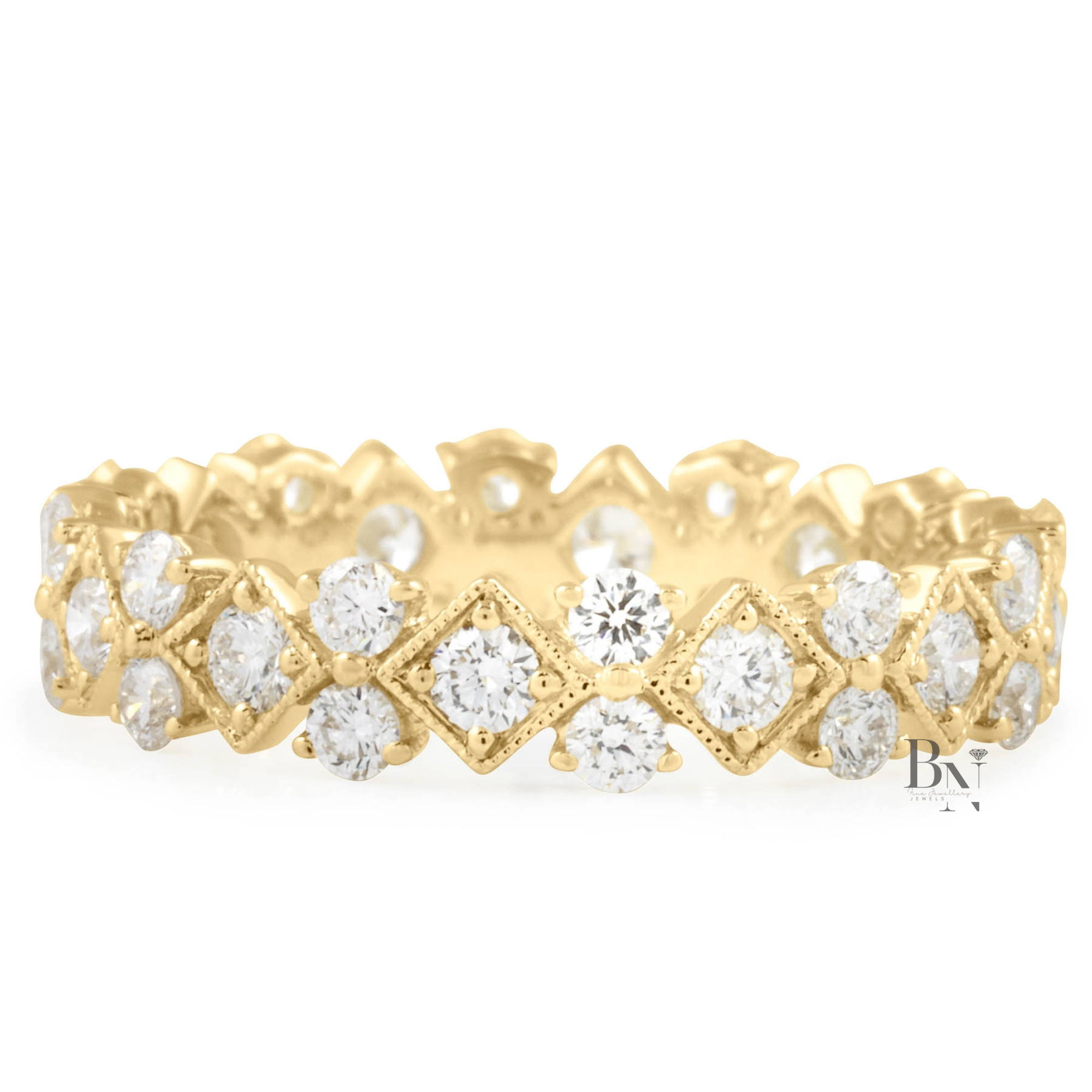 Round Lab Diamond Eternity Band, 1 Carat Milgrain Bezel Ring, 14K Gold Vintage Bridal Stacking Band